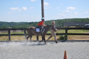 Spencer learns two-point position while Eliza lends a hand - Clairvaux Summer Horse Camp